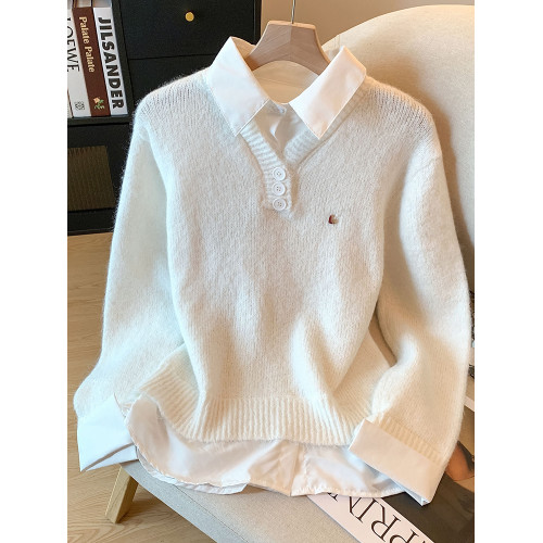 品牌折釦設計感假兩件毛衣女2025秋冬季高級感襯衫曡穿針織衫上衣