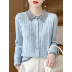 春秋新款假兩件開衫女翻領拼色刺綉麻花毛衣寬松外穿針織外套上衣