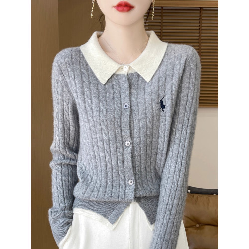 春秋新款假兩件開衫女翻領拼色刺綉麻花毛衣寬松外穿針織外套上衣