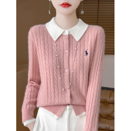 春秋新款假兩件開衫女翻領拼色刺綉麻花毛衣寬松外穿針織外套上衣