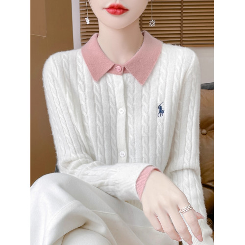 春秋新款假兩件開衫女翻領拼色刺綉麻花毛衣寬松外穿針織外套上衣