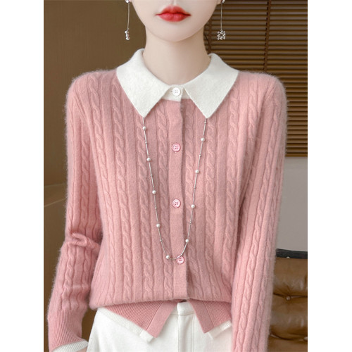 春秋新款假兩件開衫女翻領拼色刺綉麻花毛衣寬松外穿針織外套上衣