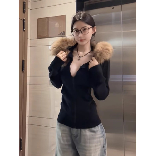 美式復古收腰毛領連帽衛衣女春秋修身拉鍊開衫設計感休閒外套上衣