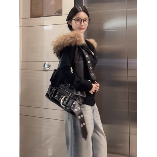 美式復古收腰毛領連帽衛衣女春秋修身拉鍊開衫設計感休閒外套上衣