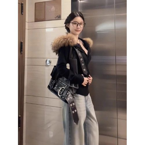 美式復古收腰毛領連帽衛衣女春秋修身拉鍊開衫設計感休閒外套上衣