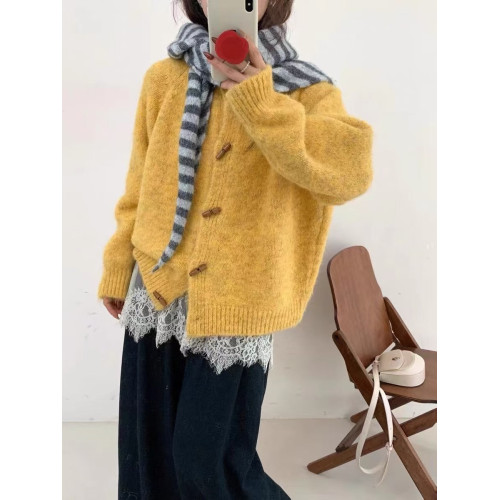 溫柔風圓領牛角釦針織開衫女2025秋冬季新款寬松軟糯百搭毛衣外套