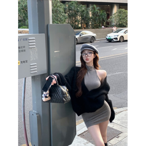 慵懶風復古黑色長袖套頭毛衣女秋冬寬鬆軟糯針織衫中長款休閒上衣