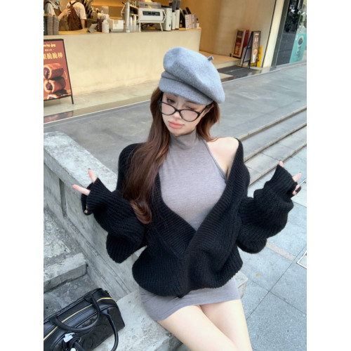 慵懶風復古黑色長袖套頭毛衣女秋冬寬鬆軟糯針織衫中長款休閒上衣