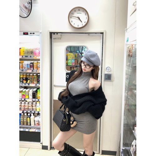 慵懶風復古黑色長袖套頭毛衣女秋冬寬鬆軟糯針織衫中長款休閒上衣