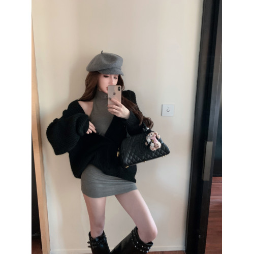 慵懶風復古黑色長袖套頭毛衣女秋冬寬鬆軟糯針織衫中長款休閒上衣