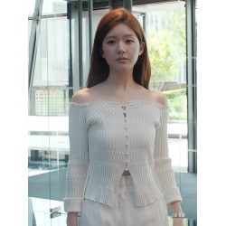 許我耀眼趙露思許妍同款白色一字肩針織衫女早秋修身露鎖骨感上衣