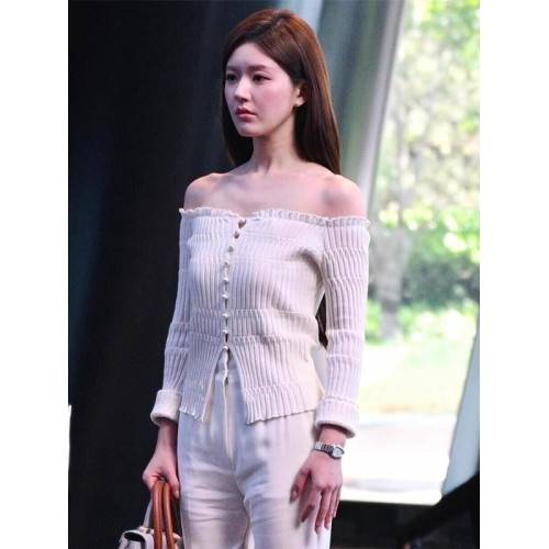 許我耀眼趙露思許妍同款白色一字肩針織衫女早秋修身露鎖骨感上衣