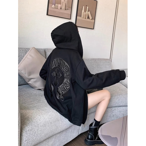 秋冬新款潮牌十字架皮標連帽衛衣女寬松中長款慵懶風拉鍊開衫外套 秋冬新款潮牌十字架皮標連帽衛衣女寬松中長款慵懶風拉鍊開衫外套
