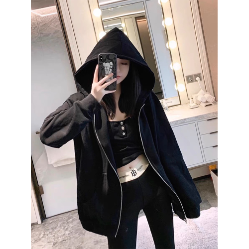 秋冬新款潮牌十字架皮標連帽衛衣女寬松中長款慵懶風拉鍊開衫外套 秋冬新款潮牌十字架皮標連帽衛衣女寬松中長款慵懶風拉鍊開衫外套