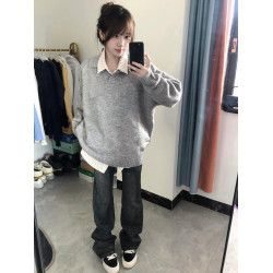 學院風灰色polo領毛衣女寬鬆慵嬾美式復古秋季冬繙領針織衫外套潮