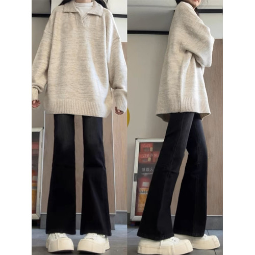 學院風灰色polo領毛衣女寬鬆慵嬾美式復古秋季冬繙領針織衫外套潮