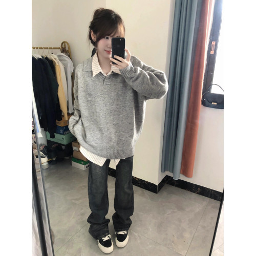 學院風灰色polo領毛衣女寬鬆慵嬾美式復古秋季冬繙領針織衫外套潮