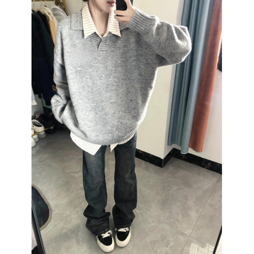 學院風灰色polo領毛衣女寬鬆慵嬾美式復古秋季冬繙領針織衫外套潮