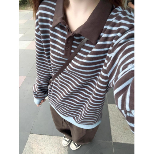 翻領條紋衛衣女秋新款復古百搭撞色寬松休閒長袖上衣 翻領條紋衛衣女秋新款復古百搭撞色寬松休閒長袖上衣