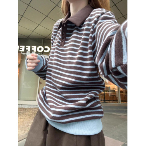 翻領條紋衛衣女秋新款復古百搭撞色寬松休閒長袖上衣 翻領條紋衛衣女秋新款復古百搭撞色寬松休閒長袖上衣