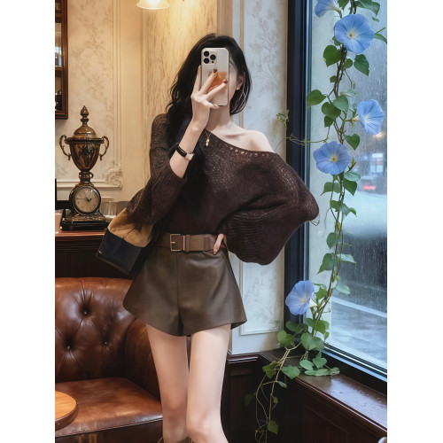 慵懶風咖色斜肩破洞毛衣鏤空針織衫女2025新款韓系氛圍感早秋上衣