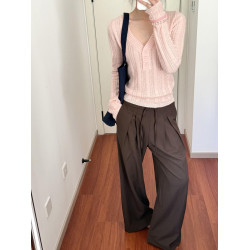 Wild leek韓系休閒V領紐釦毛織螺紋鏤空針織衫長袖修身顯瘦上衣女