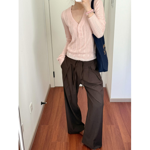 Wild leek韓系休閒V領紐釦毛織螺紋鏤空針織衫長袖修身顯瘦上衣女