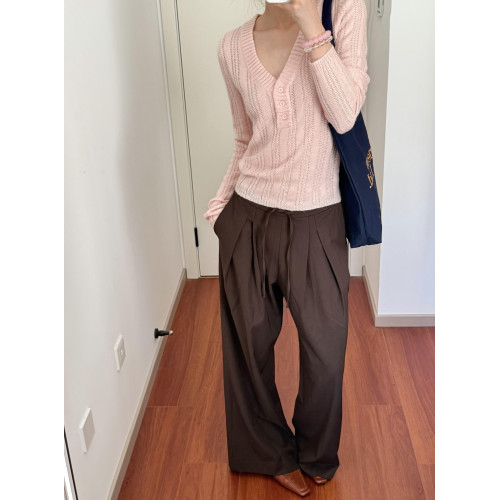 Wild leek韓系休閒V領紐釦毛織螺紋鏤空針織衫長袖修身顯瘦上衣女