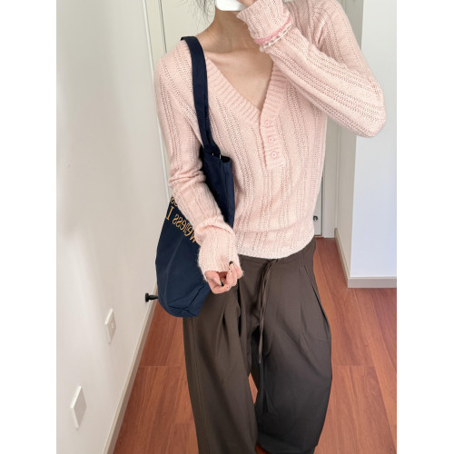 Wild leek韓系休閒V領紐釦毛織螺紋鏤空針織衫長袖修身顯瘦上衣女