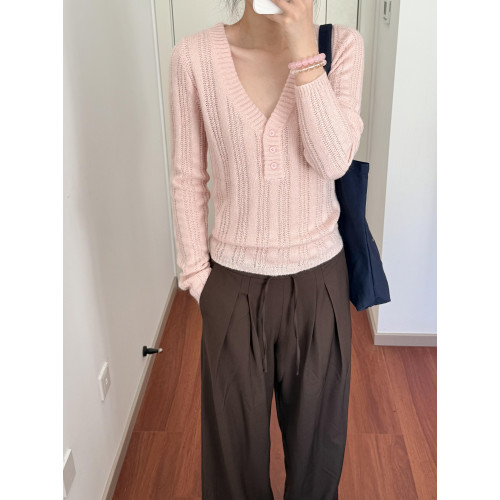 Wild leek韓系休閒V領紐釦毛織螺紋鏤空針織衫長袖修身顯瘦上衣女