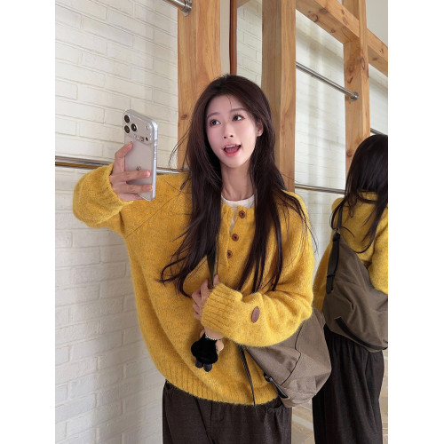 慵嬾風寬鬆軟糯毛衣女冬季內搭半開領休閒長袖針織衫韓系小衆上衣