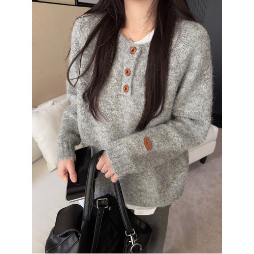 慵嬾風寬鬆軟糯毛衣女冬季內搭半開領休閒長袖針織衫韓系小衆上衣