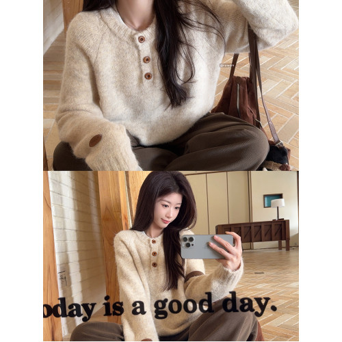 慵嬾風寬鬆軟糯毛衣女冬季內搭半開領休閒長袖針織衫韓系小衆上衣