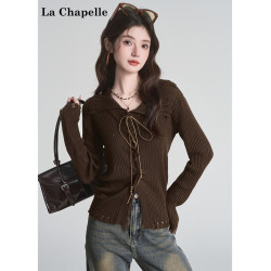 拉夏貝爾咖色毛衣設計感長袖毛邊綁帶針織開衫女翻領打底上衣秋季