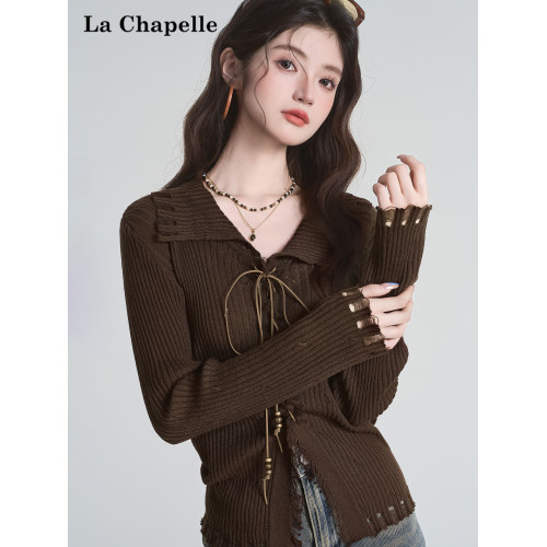 拉夏貝爾咖色毛衣設計感長袖毛邊綁帶針織開衫女翻領打底上衣秋季