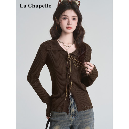 拉夏貝爾咖色毛衣設計感長袖毛邊綁帶針織開衫女翻領打底上衣秋季