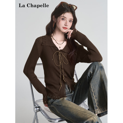 拉夏貝爾咖色毛衣設計感長袖毛邊綁帶針織開衫女翻領打底上衣秋季