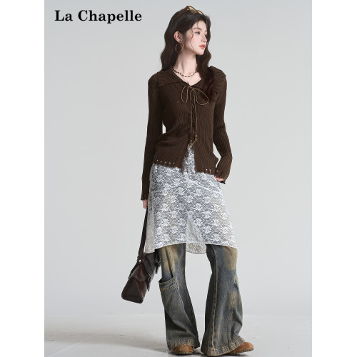 拉夏貝爾咖色毛衣設計感長袖毛邊綁帶針織開衫女翻領打底上衣秋季