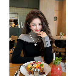 秋冬法式輕熟假兩件長袖毛衣針織打底衫女內搭設計感撞色高領上衣