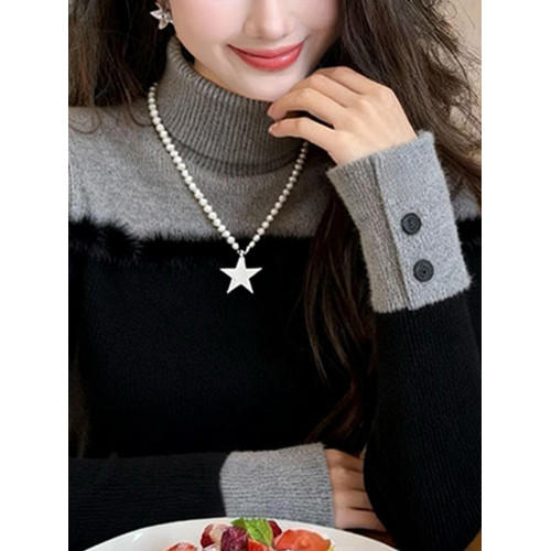 秋冬法式輕熟假兩件長袖毛衣針織打底衫女內搭設計感撞色高領上衣