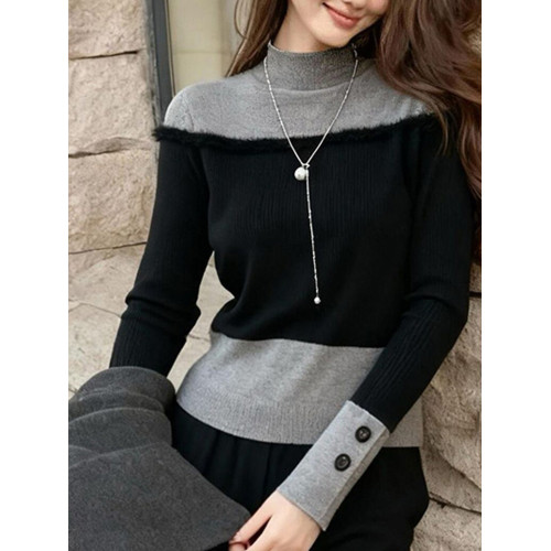 秋冬法式輕熟假兩件長袖毛衣針織打底衫女內搭設計感撞色高領上衣