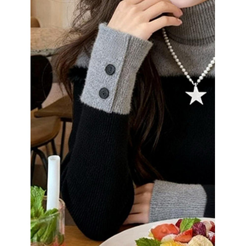 秋冬法式輕熟假兩件長袖毛衣針織打底衫女內搭設計感撞色高領上衣