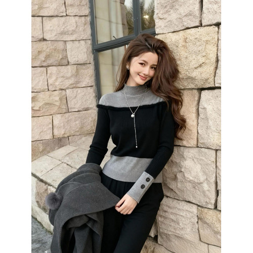 秋冬法式輕熟假兩件長袖毛衣針織打底衫女內搭設計感撞色高領上衣