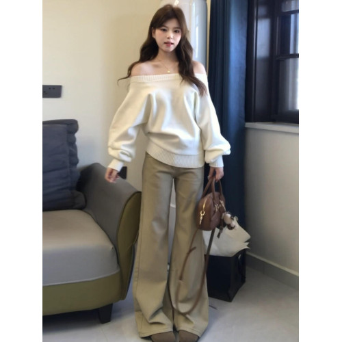 韓系白色軟糯寬鬆一字肩毛衣女秋冬慵嬾高級感2025新款針織衫上衣