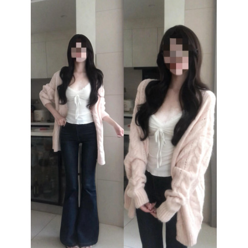 韓系粉色溫柔v領毛衣外套女秋季氛圍感寬鬆慵嬾麻花針織開衫上衣