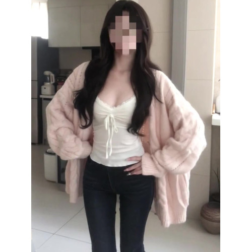 韓系粉色溫柔v領毛衣外套女秋季氛圍感寬鬆慵嬾麻花針織開衫上衣