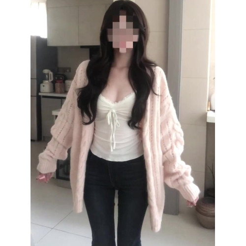 韓系粉色溫柔v領毛衣外套女秋季氛圍感寬鬆慵嬾麻花針織開衫上衣