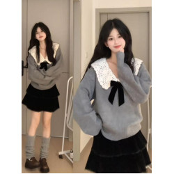 甜美設計感穿搭娃娃領毛衣女秋冬小個子溫柔減齡慵懶風針織衫上衣