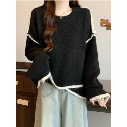 寬松慵懶風撞色灰色長袖毛衣大碼女裝秋冬2025新款遮肉針織衫上衣