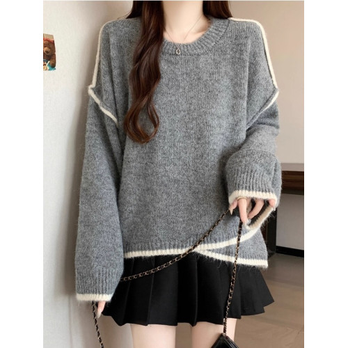 寬松慵懶風撞色灰色長袖毛衣大碼女裝秋冬2025新款遮肉針織衫上衣 寬松慵懶風撞色灰色長袖毛衣大碼女裝秋冬2025新款遮肉針織衫上衣